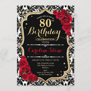 Invitation 80e anniversaire - Roses rouges Or noir Damas