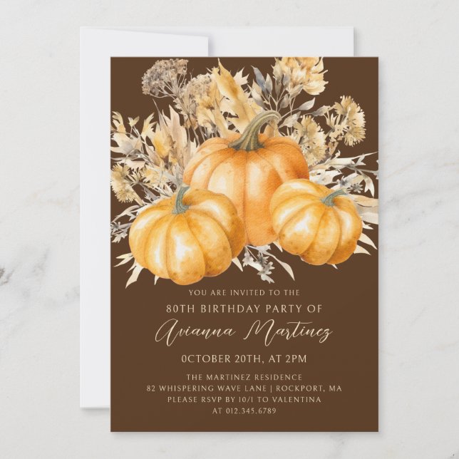 Invitation 80e Anniversaire Rustique Boho Citrouille Feuillag (Devant)