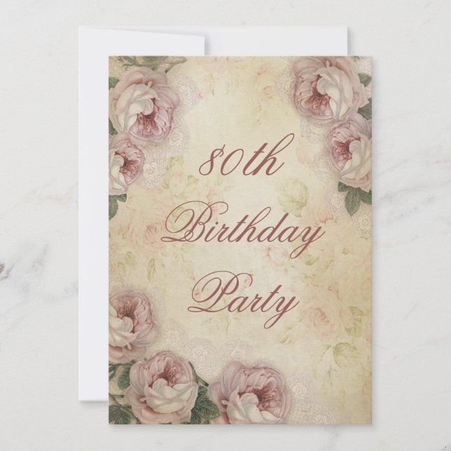 Invitation 80e anniversaire Shabby Chic Roses et dentelle (Devant)