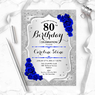Invitation 80e anniversaire - Silver Stripes Royal Blue Roses