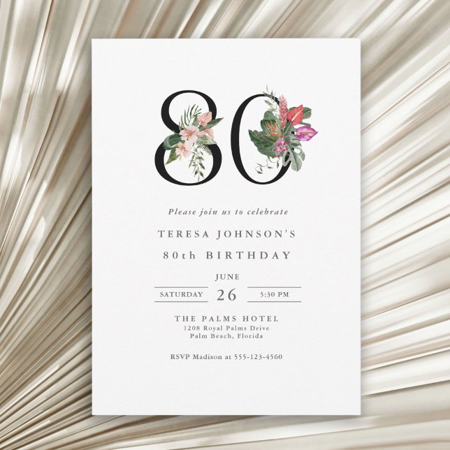 Invitation 80e anniversaire simple élégant floral tropical (Available in both printed and instant download digital formats.)