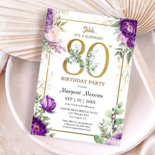 Invitation 80e Anniversaire Soirée Elegant Gold Purple Peony