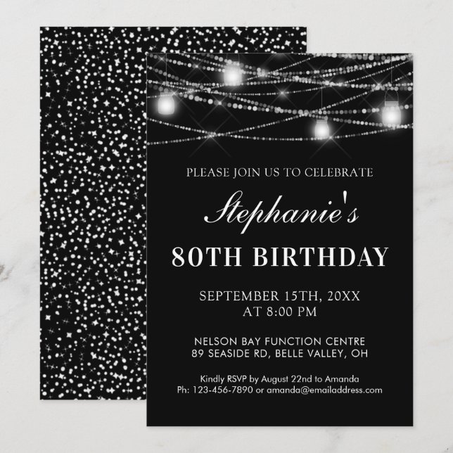Invitation 80e anniversaire String Lights Jars Noir Blanc (Devant / Derrière)