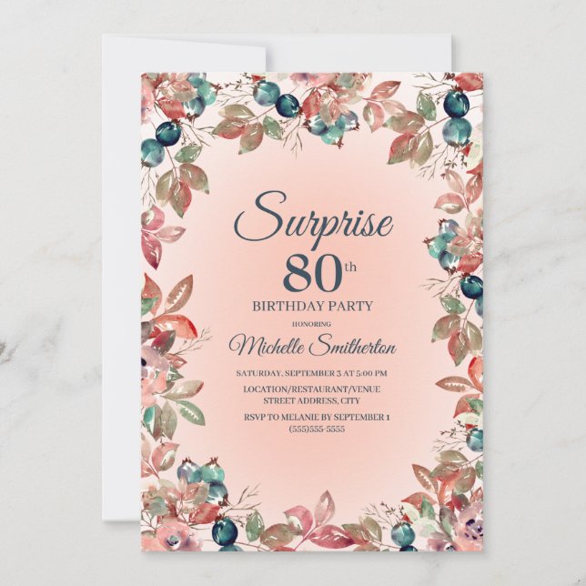 Invitation 80e anniversaire surprise femmes rose Turquoise fl (Devant)