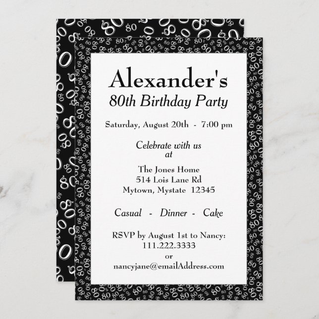 Invitation 80e anniversaire Thème de fête Motif noir et blanc (Devant / Derrière)