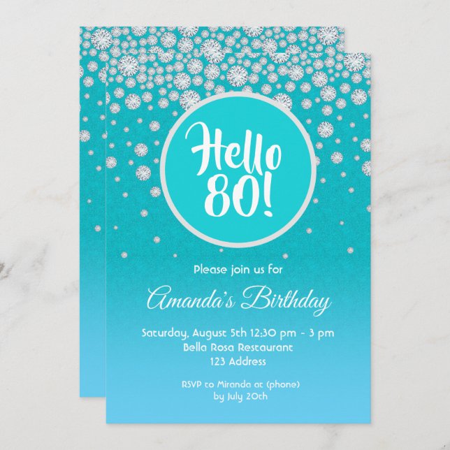 Invitation 80e anniversaire turquoise bleu diamants parties s (Devant / Derrière)