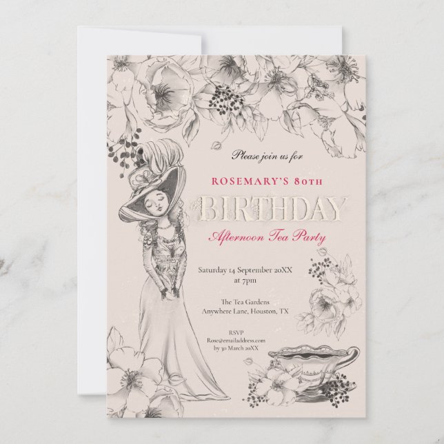 Invitation 80e anniversaire vintage fête Thé après-midi (Devant)