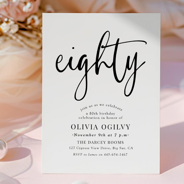 Invitation 80e B&W Anniversaire de fête Typographie de script (Créateur téléchargé)