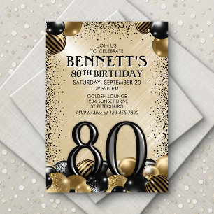 Invitation 80e Ballons Black Gold Anniversaire
