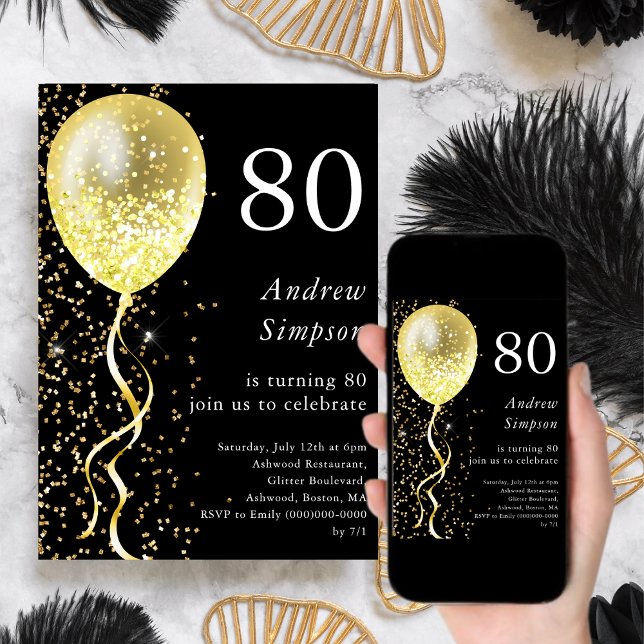 Invitation 80e | Black & Gold Parties scintillant Balloon Ann (Créateur téléchargé)