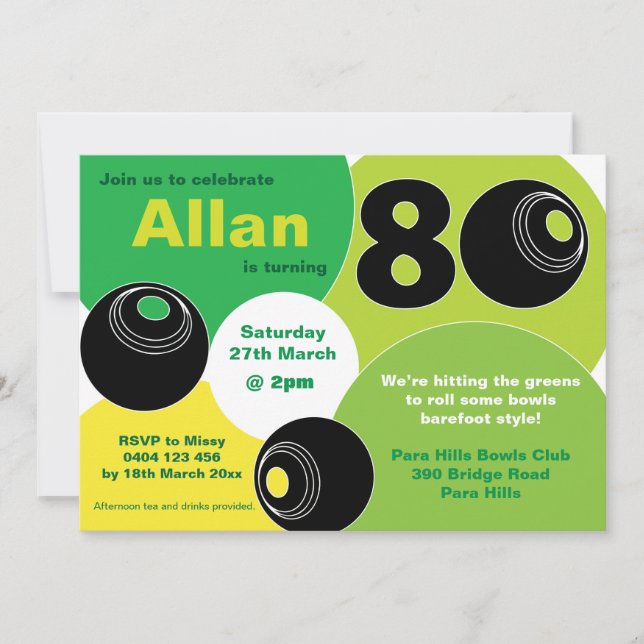 Invitation 80e Bowls de pelouse Barefoot Bowling Anniversaire (Devant)