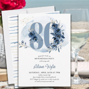 Invitation 80e fête d'anniversaire Côte Bleu Floral Numéro 80