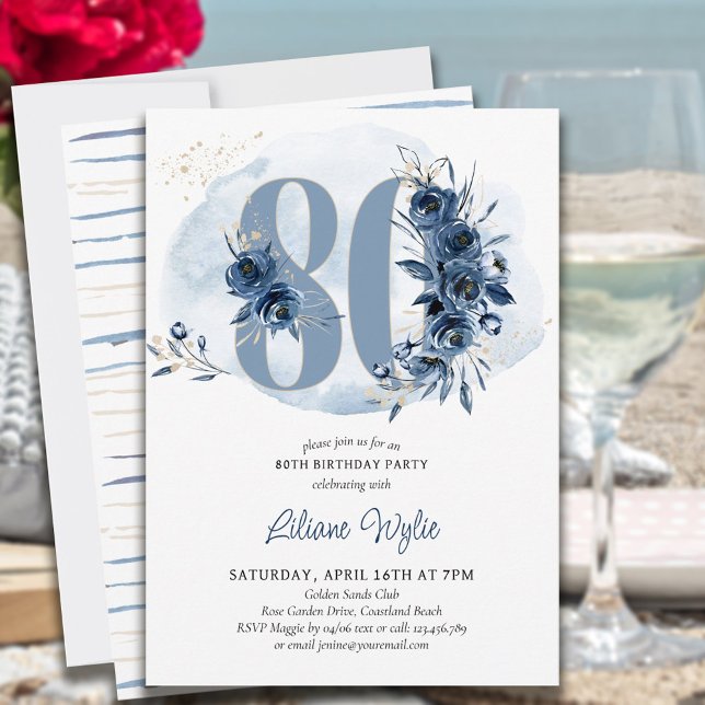Invitation 80e fête d'anniversaire Côte Bleu Floral Numéro 80 (Créateur téléchargé)
