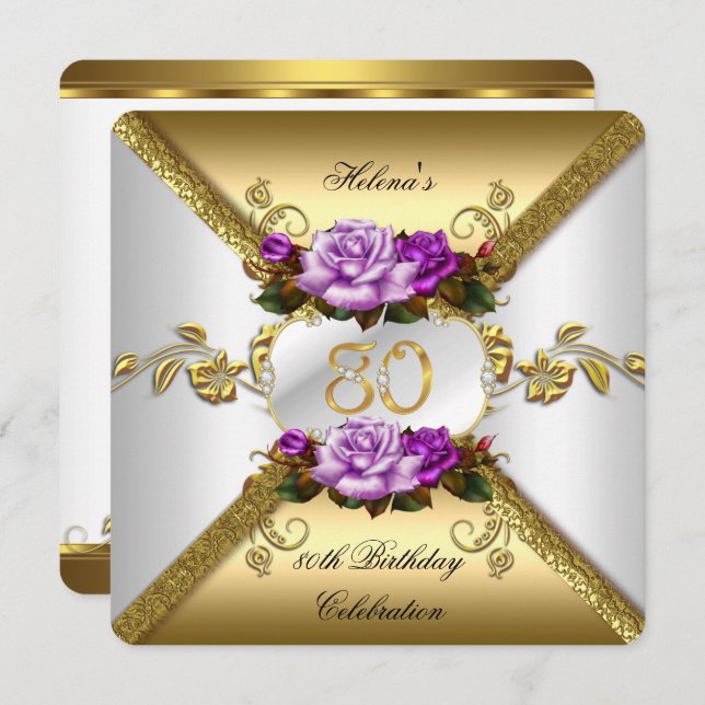 Invitation 80e fête d'anniversaire Elegant Purple Gold Roses  (Devant / Derrière)