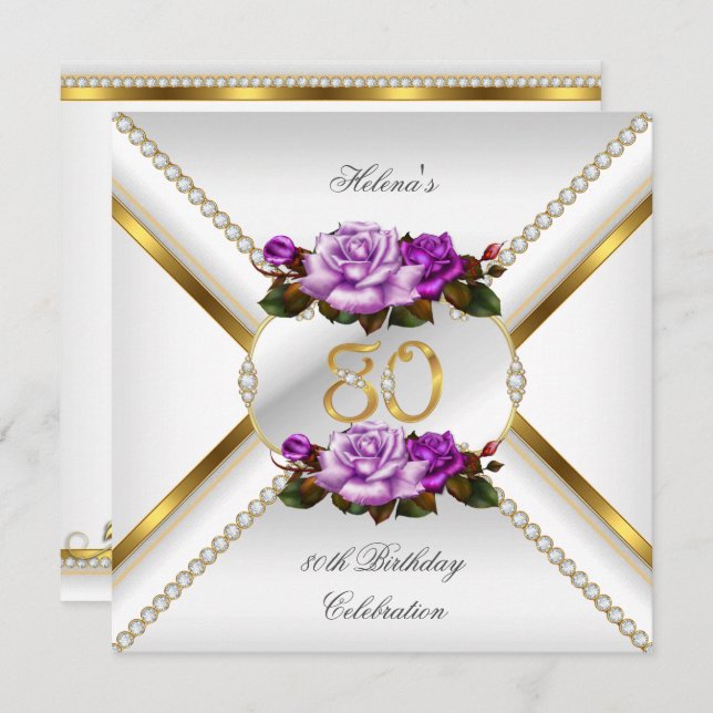 Invitation 80e fête d'anniversaire féminine Rose Lilac en or  (Devant / Derrière)