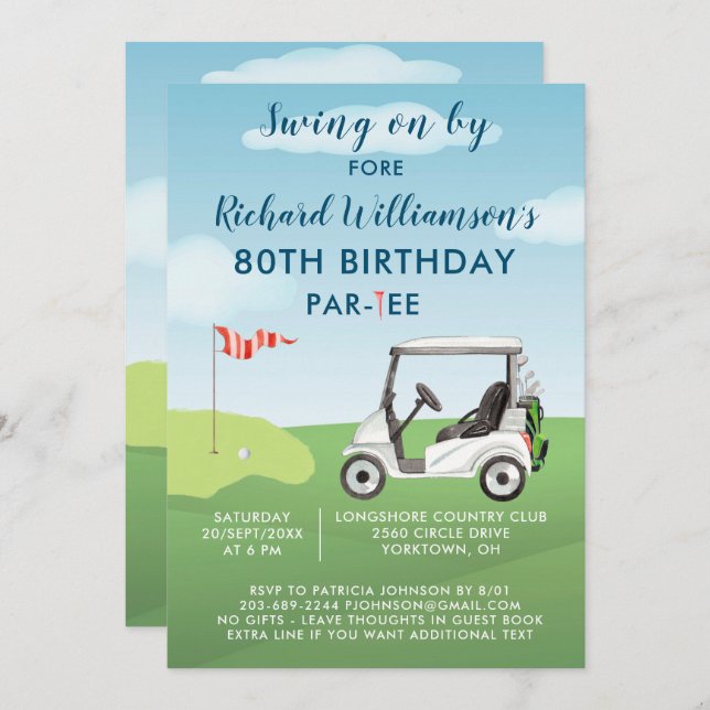 Invitation 80e fête d'anniversaire Fête de Golf pour hommes (Devant / Derrière)