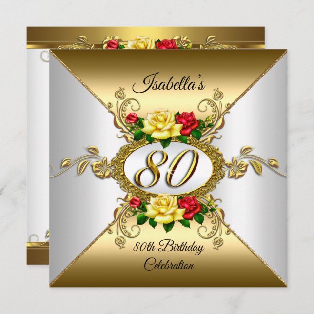 Invitation 80e fête d'anniversaire Gold rouge jaune Roses (Devant / Derrière)