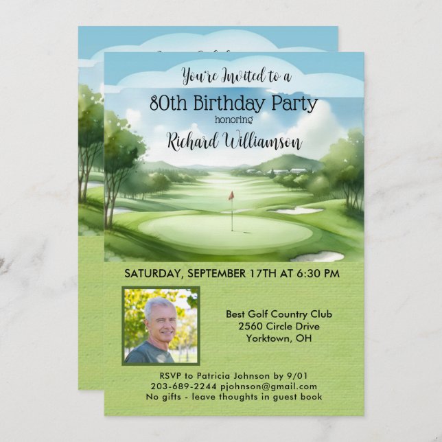 Invitation 80e Fête d'anniversaire Homme Photo Golf (Devant / Derrière)