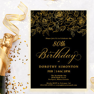 Invitation 80e fête d'anniversaire Rose d'or Floral Black