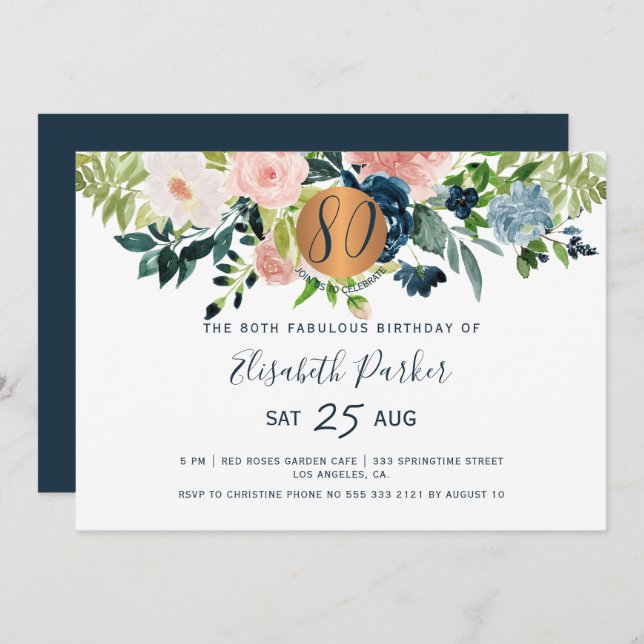 Invitation 80e Fleurs de marine moderne aquarelle fête d'anni (Devant / Derrière)