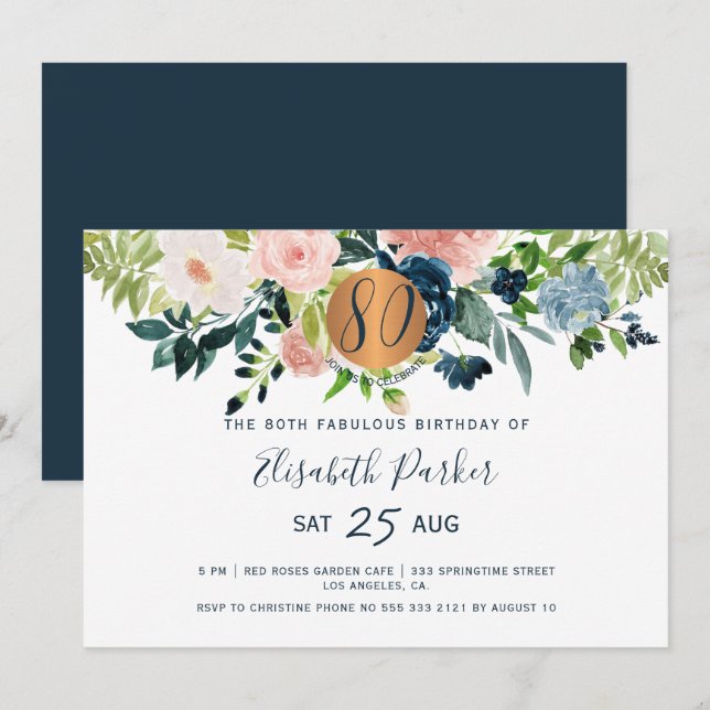 Invitation 80e Fleurs de marine modernes aquarelle fête d'ann (Devant / Derrière)