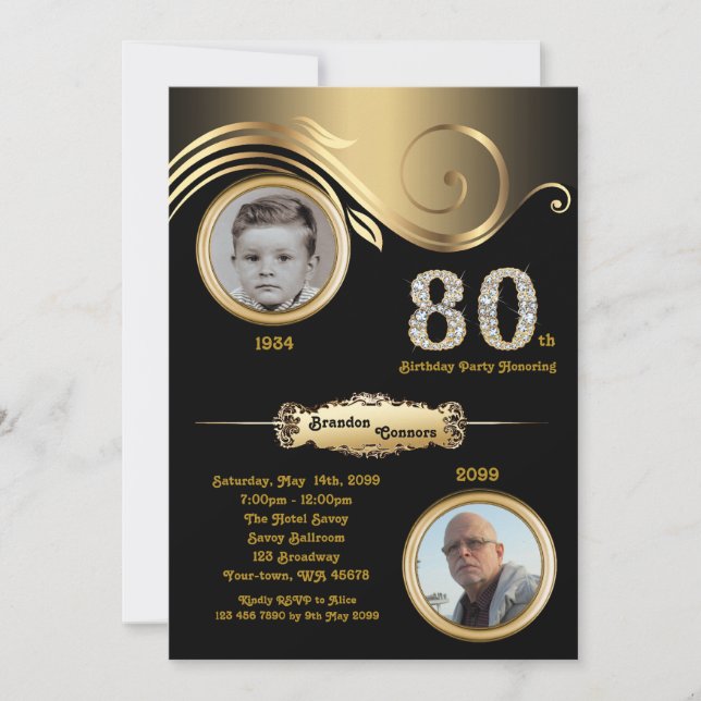Invitation 80e, Homme d'anniversaire 80e, art déco, or noir (Devant)