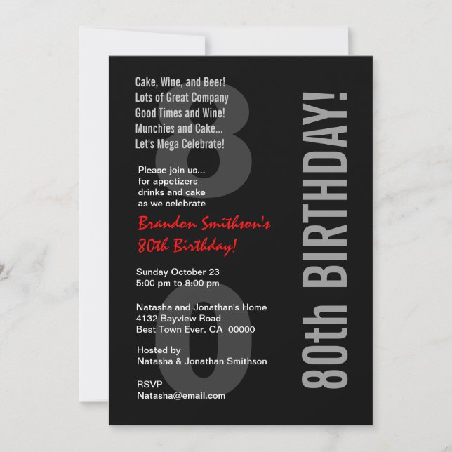 Invitation 80e Modèle rouge noir blanc moderne (Devant)