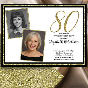 Invitation 80e personnalisé 2 photos blanc noir et or 