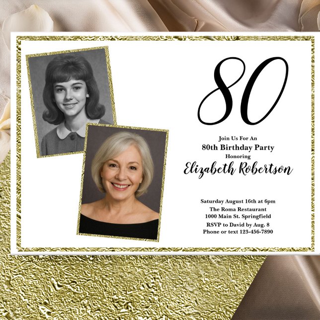 Invitation 80e Photo personnalisé blanc et or  (Créateur téléchargé)