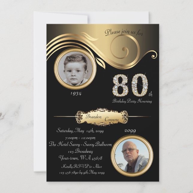 Invitation 80ème, Homme d'anniversaire 80ème, élégant art déc (Devant)