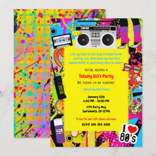 Invitation 80's 1980s Yellow Retro thème Anniversaire fête