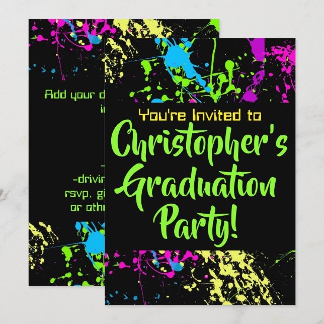 Invitation 80s 90s Paint Splatter Graduation Party (Devant / Derrière)