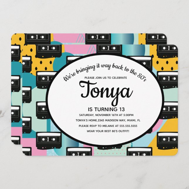 Invitation 80s 90s Party rose Collage Cassette Retour (Devant / Derrière)