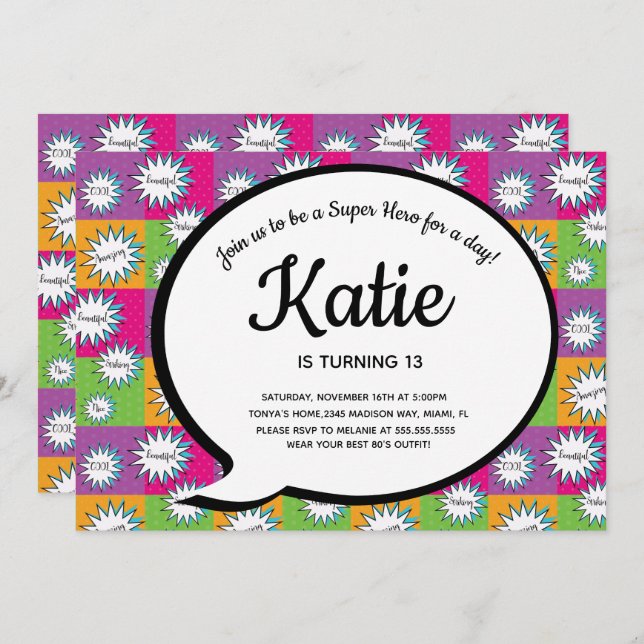Invitation 80s 90s Pink Comic Super Hero Retour (Devant / Derrière)