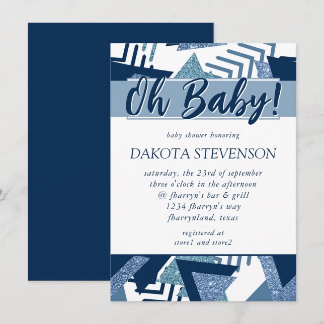 Invitation 80s Luxe Abstrait | Turquoise et Navy Oh Baby (Devant / Derrière)