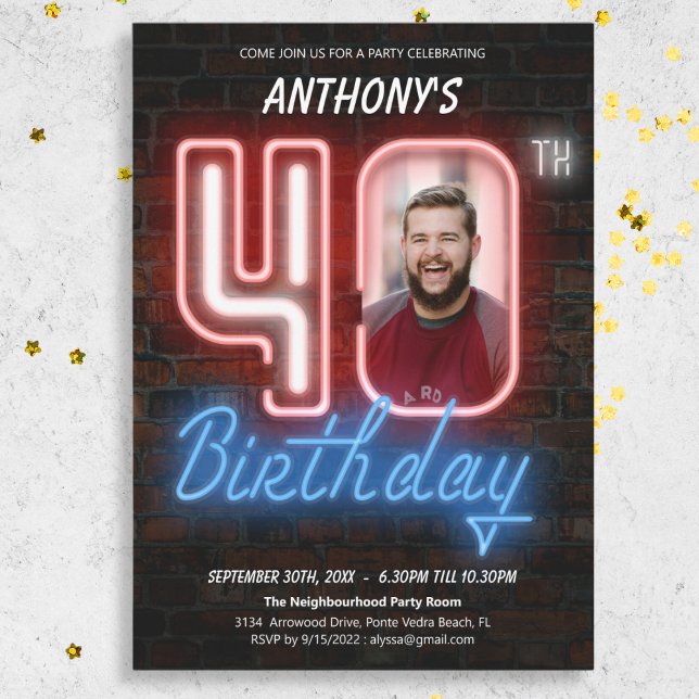 Invitation 80s Retro Photo personnalisée Neon 40e anniversair (80s Retro Custom Photo Neon 40th Birthday Invitation)