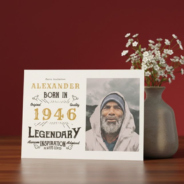 Invitation 80th Birthday 1946 Legend White & Gold Photo (Born 1946 birthday invitation.)