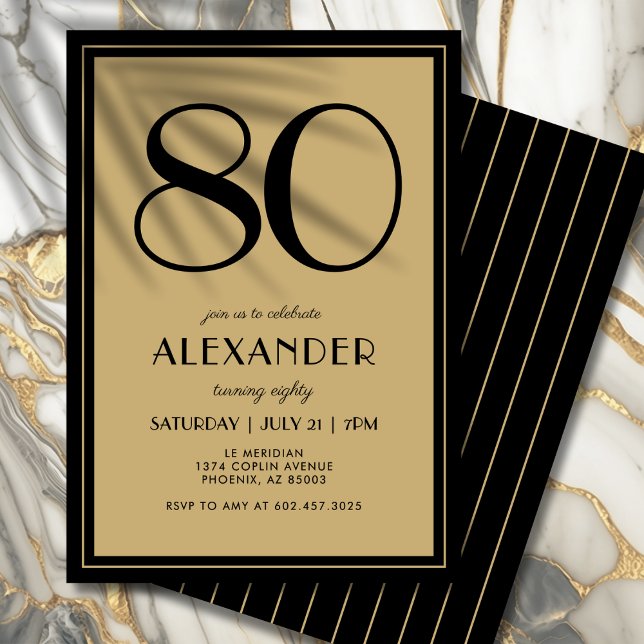 Invitation 80th Birthday Adult Black and Gold Modern Minimal  (Celebrate your 80th in bold, sophisticated style with this chic design.)