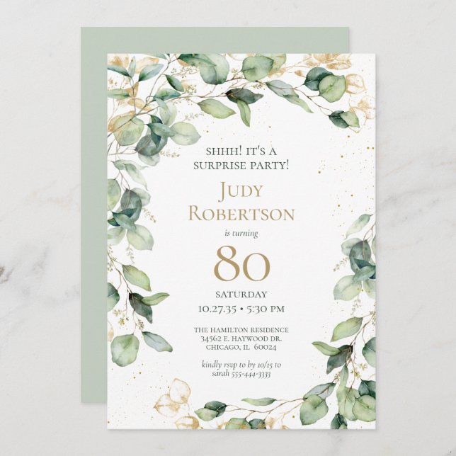 Invitation 80th Birthday Eucalyptus Surprise Birthday Party (Devant / Derrière)
