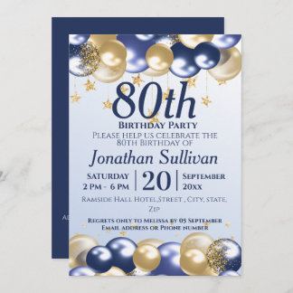 Invitation 80th Birthday Navy Gold Balloons Party