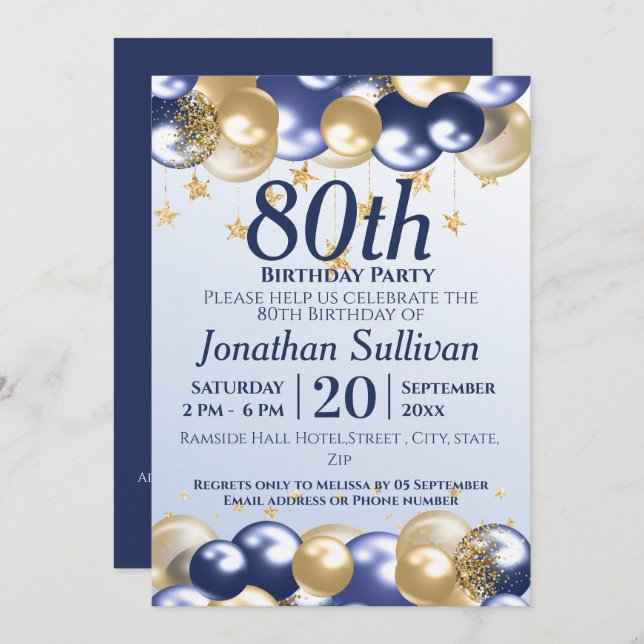 Invitation 80th Birthday Navy Gold Balloons Party (Devant / Derrière)
