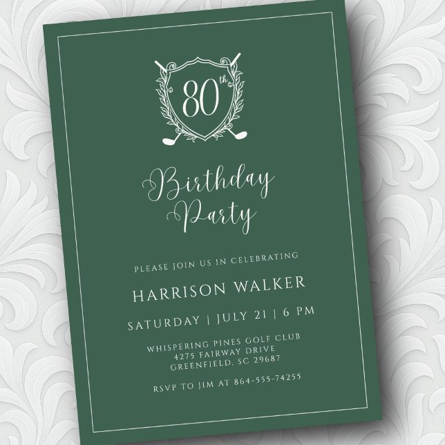Invitation 80th Birthday Party Golf Crest Elegant Script Sage (Script font adds just the right touch of elegance.)