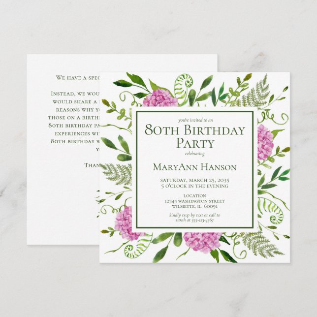 Invitation 80th Birthday Pink Hydrangeas Card Request (Devant / Derrière)