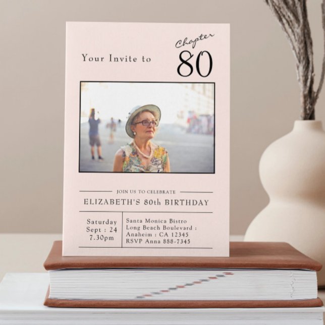 Invitation 80th Blush Rose 80th Birthday Party Photo (Invitation stood up on a book)