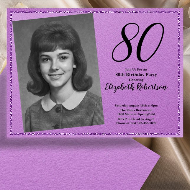 Invitation 80th Custom Photo Purple and Black (Créateur téléchargé)