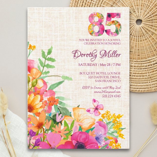 Invitation 85 Ans Fleurs Floral Lin 85e Anniversaire (Créateur téléchargé)