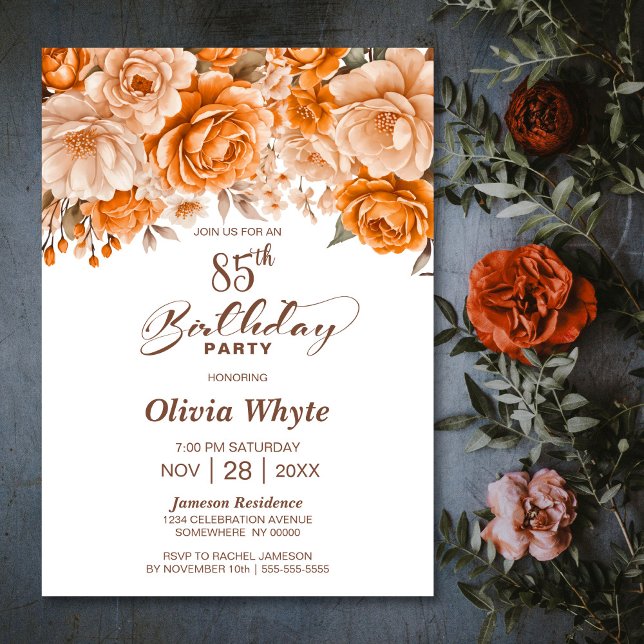 Invitation 85e anniversaire Orange Rose Floral Party (Créateur téléchargé)