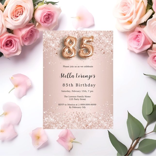 Invitation 85e anniversaire rose confetti rose or (Créateur téléchargé)