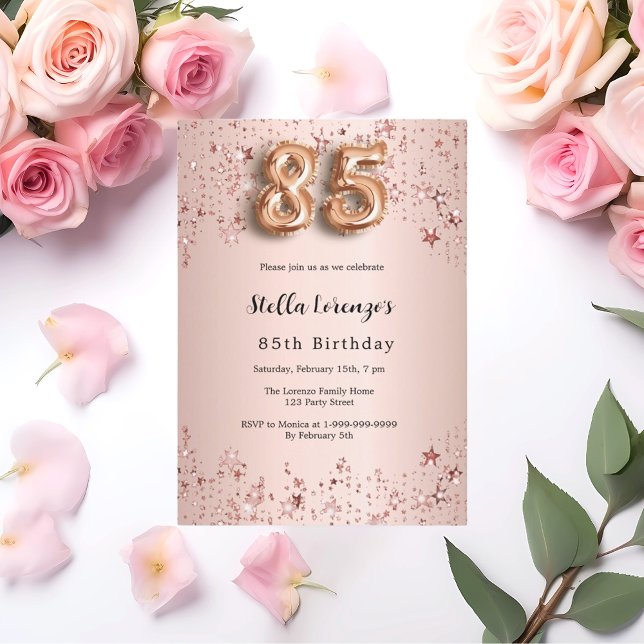 Invitation 85e anniversaire rose or rose étoiles luxe (Créateur téléchargé)