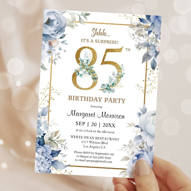 Invitation 85th Birthday Party Elegant Dusty Blue Floral (Créateur téléchargé)